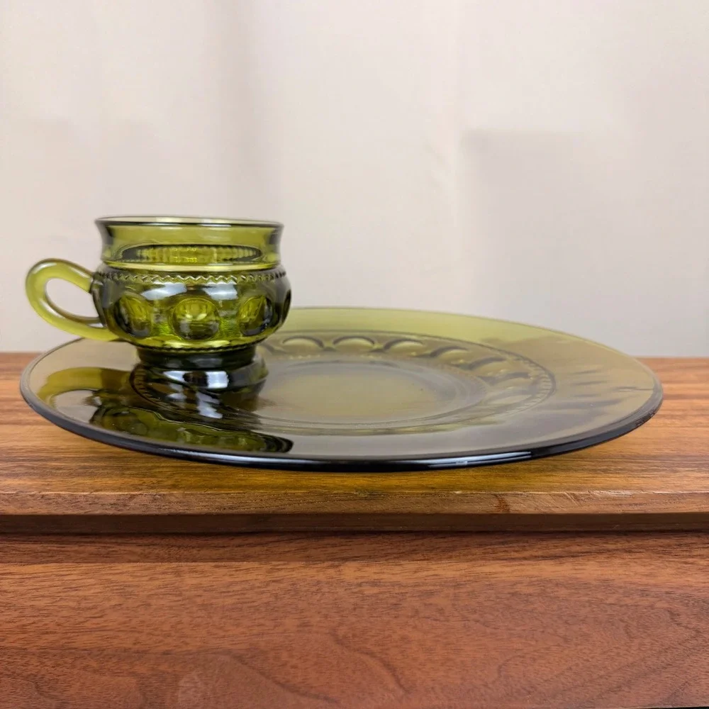 Indiana Glass Kings Crown Snack Set Olive Green Thumbprint Plate and Cup Vintage